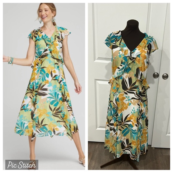 Chico's Yellow Green V-Neck Flutter Sleeve Midi Tropical Resort Dress Size 0/4 - Picture 1 of 12